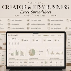 Op de afbeelding: Een alles-in-één Excel-spreadsheet voor makers en Etsy-bedrijven weergegeven op een laptopscherm. De interface bevat een dashboard met financiële grafieken, inkomstenoverzichten en ordertracking. Bevat 15 tabbladen zoals inhoudskalender, factuurtracker en Etsy SEO-trefwoordtracker.