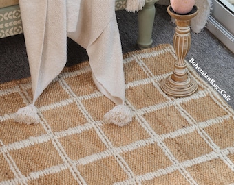 Natürlicher Juteteppich Handgewebter Hanfteppich Boho Handgefertigter Teppich Dekorativer Eingangsbereich Teppich Treppenläufer Küche Benutzerdefinierte Größe Teppich