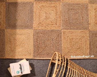 Handmade Jute Checkerboard Rug, Natural Braided Runner, Custom Size