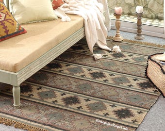 Handwoven Wool Jute Kilim Rug: Geometric Aztec Boho Farmhouse Indian Design, Bohemian Dhurrie