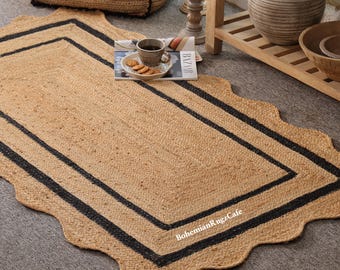 Jute geschulpt tapijt - natuurlijk tapijt, geschulpt jute tapijt, boho tapijt, handgeweven jute tapijt, boho coquilletapijt, geschulpte rand, tapijt aangepast formaat