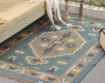 Handwoven Wool Jute Kilim Rug – Bohemian Indian Dhurrie, Southwest Decor Carpet