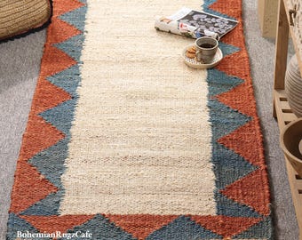 Handgemaakt vloerkleed van natuurlijke hennep en jute - Milieuvriendelijk geometrisch design, boho-stijl, landelijke inrichting, op maat gemaakt, geweven vloerkleed met textuur.