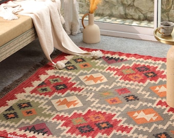 Handgefertigter roter Kelim Teppich - Vintage Southwestern Dhurrie