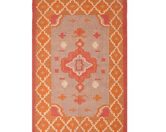 Handwoven Wool Jute Kilim Rug, Geometric Boho Indian Area Rug