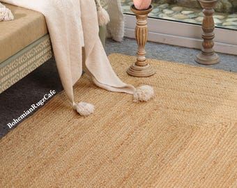 Alfombra de yute tejida a mano: Alfombra de fibra natural, Alfombra trenzada de yute de 8x10, Alfombra de yute bohemia rectangular, Alfombra de yute de tamaño personalizado, Alfombras tradicionales indias