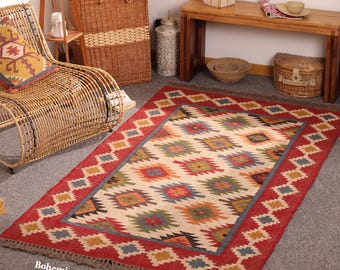 Kilim Rug - Handwoven Wool And Jute Rug, Handmade Kilim Dhurrie Rug, Traditional Indian Jute Area Rug, Home Decor Kilim Jute Rug, Custom Rug