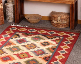 Handwoven Wool Jute Kilim Rug, Wool Jute Rug, Hallway Living Room Rug, Kilim Rug, Navajo Rug, Outdoor Indoor Rug, Indian Jute Kilim Area Rug