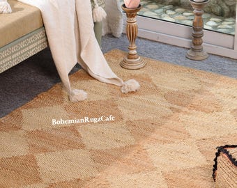 Handgemaakt jute vloerkleed - milieuvriendelijk tapijt, aangepast formaat tapijt, natuurlijke jute loper voor gang, geometrisch ontwerp, traditionele henneploper