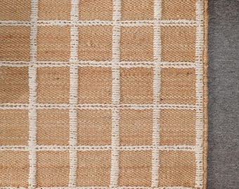 Natural Hemp Jute Rug, White Box Pattern, Handwoven Boho Farmhouse Style