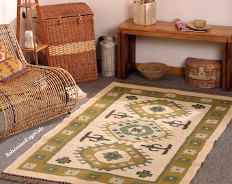 Handwoven Wool Jute Kilim Rug | Bohemian Indian Dhurrie | Flatweave Carpet