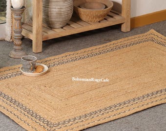 Alfombra de yute marrón trenzada a mano: alfombra india de yute grande con borde beige hecha a mano para sala de estar, oferta navideña, alfombra de yute bohemia.