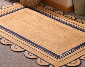 Natural Jute Scalloped Rug, Boho Bohemian Area Rug, Hand Stitched Accent Runner