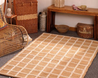 Handmade Checkered Jute Rug, Beige and Off White Hemp, Large Area Rug