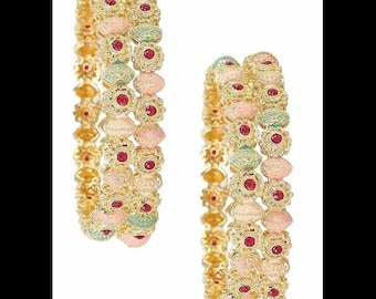 Gold-Plated Indian Bridal Bangle Set, Traditional Rajasthani Zircon Jewelry (4 Pieces)