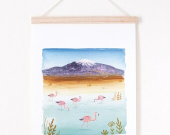 colorful landscape art print, travel art print, flamingo art print, Landscape giclee print, giclee art print A4