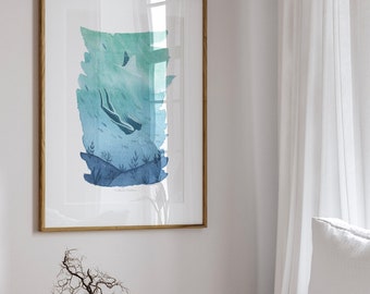 Impresión de buceo, regalo para buceador, arte de buceo libre, mujer buceadora, cartel de buzo libre, impresión del océano, arte de la pared de buceo, decoración náutica, arte de la vida marina