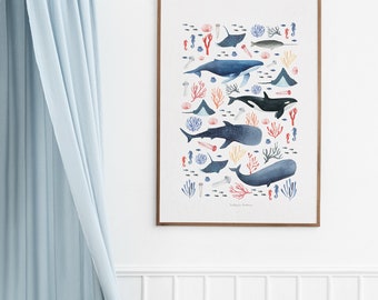Ocean nursery decor, Sea creatures nursery decor, Sea life wall art, ocean theme art print, blue ocean nursery, ocean print kid room