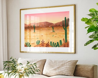 Desert cactus wall art, colorful landscape art, pink desert landscape, Desert art print, pink desert, colorful desert, southwestern print