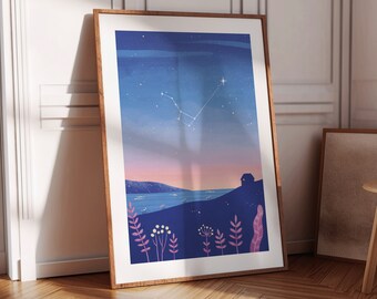 Constellation big dipper art print, Stargazing art print, night landscape stars wall art