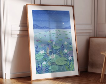 Lily pond watercolor art print, Waterlily landscape art print, landscape art print, night landscape, night flowers, night art print