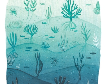 underwater painting, ocean fine art print, high quality print, green blue wall art, archival art print, A4 giclee art print