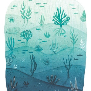 May include: A watercolor painting of an underwater scene with a gradient of blue and green colors. The painting features various types of seaweed, coral, and fish. The artist's signature, "Nathalie Bredahl", is at the bottom of the painting.