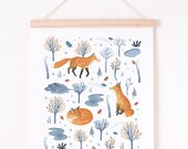 winter nursery print, Fox art print, fox nursery print, woodland fox nursery, winter illustration, woodland nursery decor, woodland nursery