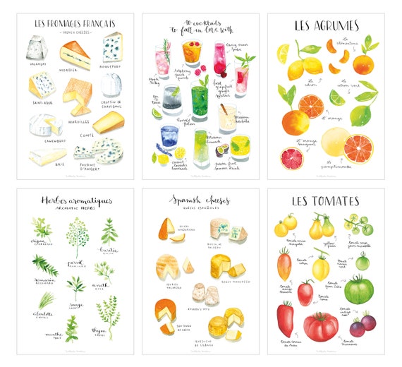 Set of 6 kitchen printables, digital food print, kitchen poster set, food print set, Digital Kitchen Print Set, Kitchen art printable set