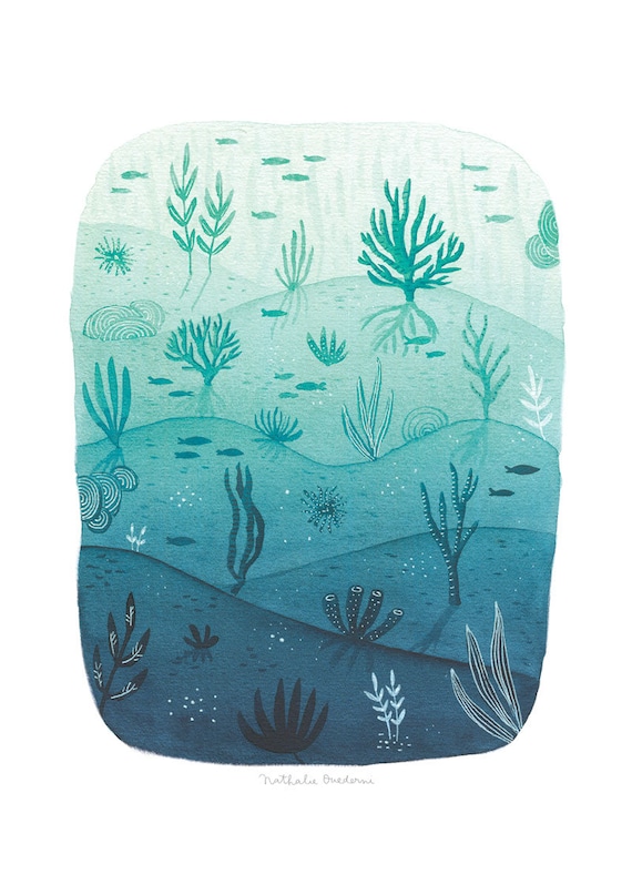 underwater painting, ocean fine art print, high quality print, green blue wall art, archival art print, A4 giclee art print
