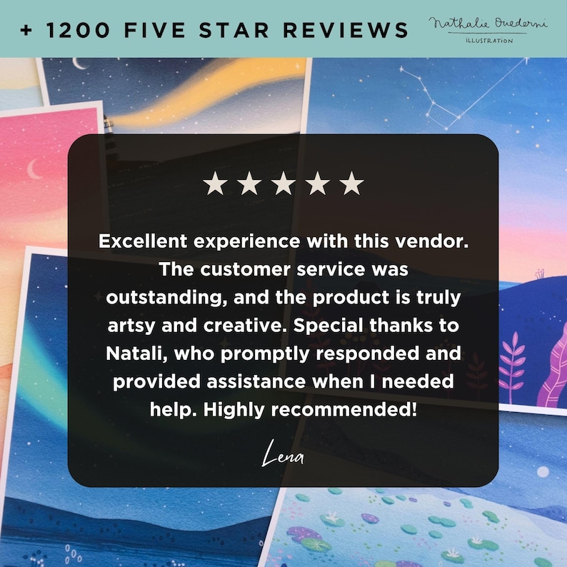 May include: Five star review with text: "Excellent experience with this vendor. The customer service was outstanding, and the product is truly artsy and creative. Special thanks to Natali, who promptly responded and provided assistance when I needed help. Highly recommended!" - Lena
