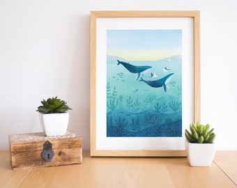 Whale fine art print, whale print, whale wall art, watercolor whale, Blue Whale print, whale print nursery, whale nursery