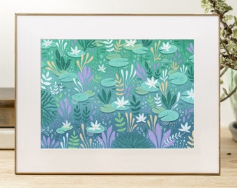 pond print, giclee art print A4, green and purple art print