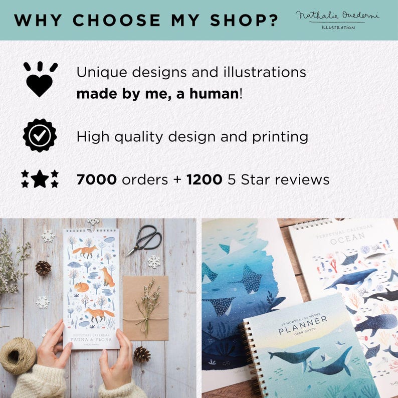 May include: Two illustrated planners, one with a forest scene and the other with an ocean scene. The text "PLANNER" is printed on the front of each planner. The text "7000 orders + 1200 5 Star reviews" is printed on a white background.
