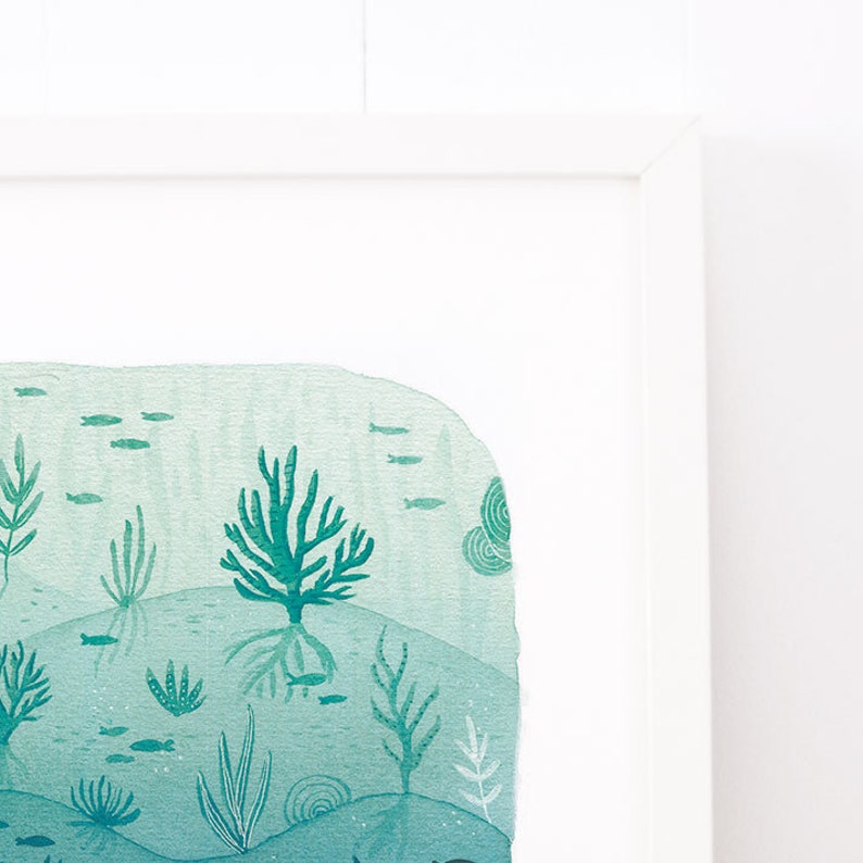 May include: A watercolor painting of an underwater scene with green coral, seaweed, and fish. The background is a gradient of blue and green.
