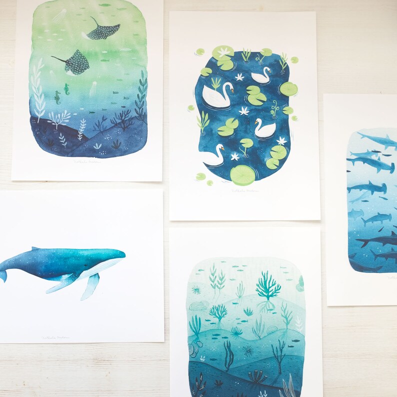 May include: Set of five watercolor illustrations featuring underwater scenes. The illustrations include a blue whale, a school of fish, a group of swans in a pond, a stingray, and a coral reef.