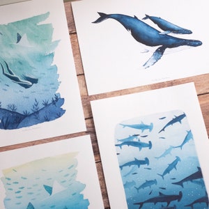 May include: Four watercolor paintings of ocean life. The first shows a mermaid swimming in a blue and green ocean. The second shows a humpback whale and a calf swimming in a blue ocean. The third shows a school of fish swimming in a blue and yellow ocean. The fourth shows a school of hammerhead sharks swimming in a blue ocean.