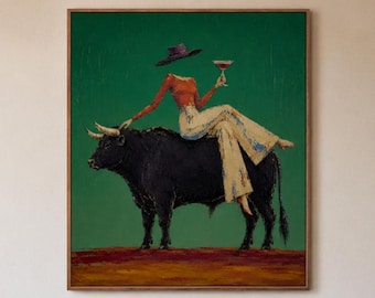 Cowgirl Oil Painting, Original Woman Wall Art, Wenstern Canvas Art, Bull Rider Portrait, Vintage Ranch Decor, Bold Feminine Home Artwork