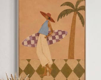 Vintage Coastal Oil Painting, Ocean Inspired Wall Art, Retro Beach Lifestyle Artwork, Tropical Palm Tree Decor, Summer Seaside Home Accent