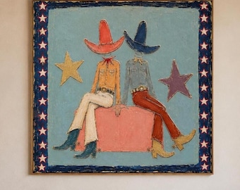 Western Figure Oil Painting, Cowboy Hat Women Wall Art, Retro Star Canvas, Blue Pink Western Portrait, Stylish Modern Living Room Decor