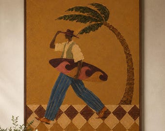 Vintage Coastal Oil Painting,Surfer Figure Wall Art,Retro Beach Lifestyle Artwork,Tropical Palm Tree Decor,Ocean Canvas,Retro Travel Decor