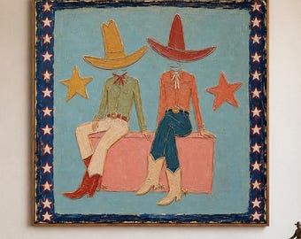 Western Cowgirl Oil Painting, Two Women in Cowboy Hats, Retro Figure Wall Art, Blue and Pink Canvas, Rustic Western Living Room Decor