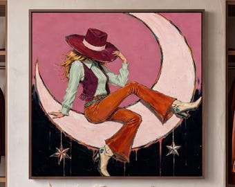 Cowgirl Oil Painting, Faceless Woman Wall Art, Original Canvas Art, Vintage Cowboy Hat Portrait, Retro Fashion Decor, Bold Home Artwork
