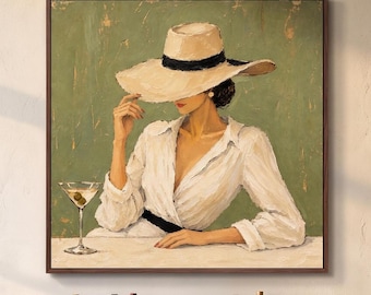 Wide Brim Hat Woman Oil Painting, Fashion  Portrait, Faceless Figure Wall Art, Olive Green Canvas, Elegant Lounge and Living Room Decor