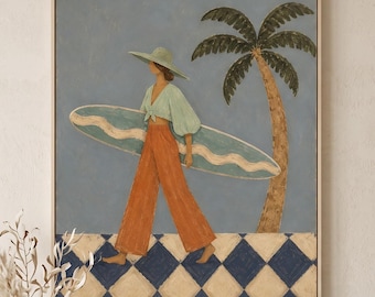 Retro Coastal Woman Oil Painting,Beach Oil Painting,Surfer Girl Wall Art,Palm Tree Figure Canvas,Vacation Home Decor,Bedroom Room Wall Decor