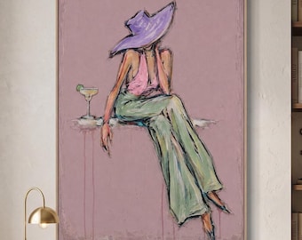 Fashion Portrait Oil Painting, Woman with Lavender Hat Art, Vintage Figure Canvas, Stylish Feminine Wall Decor, Elegant Home Artwork