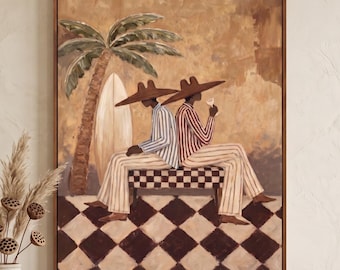 Tropical Couple Oil Painting, Retro Coastal Wall Art,Figure Art, Palm Tree Canvas, Warm Resort Living Room Decor, Hand Painted Artwork