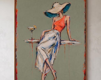 Fashion Woman Oil Painting,Cocktail Lady Oil Painting,Wide Brim Hat Portrait,Coral Dress Canvas,Figure Canvas,Retro Lounge Living Room Decor