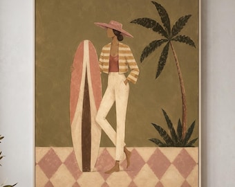 Retro Surfer Woman Oil Painting, Pink Surfboard Oil Painting, Western Figure Canvas, Vintage Coastal Fashion Decor, Vacation Home Decor