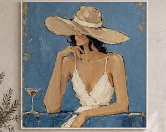 Martini Abstract Woman Oil Painting, Elegant Lady Hat Canvas Art, Wide Brim Hat Portrait, Blue Canvas, Retro Coastal Living Room Decor Art